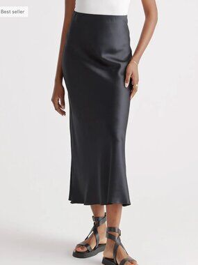 Quince 100% Washable Silk Maxi Skirt Black Satin XS